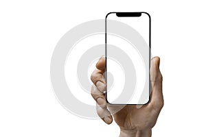 a phone in a hand on a white background