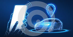 Phone in hands with blank screen and digital car. Parking application, Car sharing, Uber service