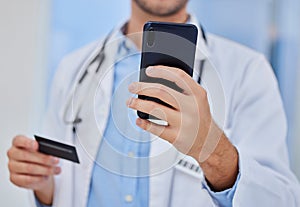 Phone, hands or doctor with credit card payment in hospital for online shopping, ecommerce or digital banking app