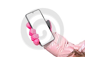 Phone held in a winter gloved girl hand, isolated display and background for app promotion