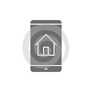 Phone with house, real estate mobile app grey icon.