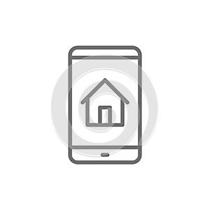 Phone with house, real estate mobile app line icon.