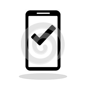 Phone icon. Black smartphone icon with a check mark. Approved symbol.