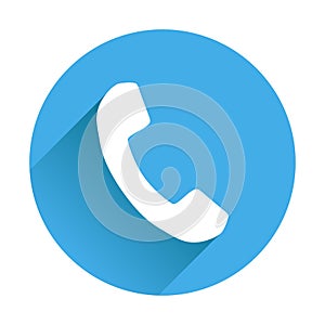 Phone icon in flat style. Vector illustration on round blue back photo