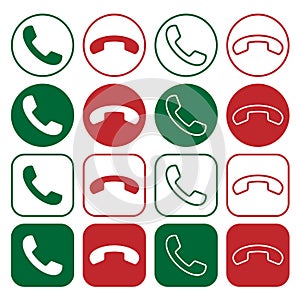 Phone icon set. Call application symbol collection. Green and red button. Flat interface sign. Simple shape old telephone logo.