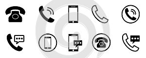 Phone icon set. Chat icon. Contact icon phone mobile call. Contact us. Telephone call sign. Contact us symbol. Cell phone pictogra