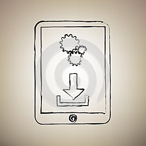 Phone icon with settings symbol. Vector. Brush drawed black icon