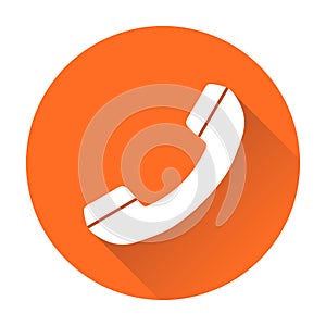 Phone icon vector, contact, support service sign isolated on round orange background with long shadow. Telephone, communication i