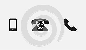 Phone icons. Phones vector icons. Phones icon in flat and vintage design. Phone symbols in a row, black color