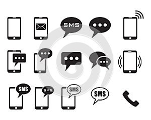 Phone icons on white background, sms icon, cell phone, call phone, message, Vector illustration.