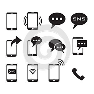 Phone icons on white background, sms icon, cell phone, message, Vector illustration.