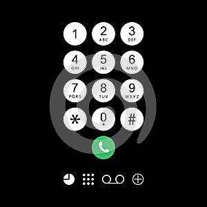 Phone keypad. Dial numbers on smartphone screen for call on black background. Cellphone with keyboard for mobile connection.