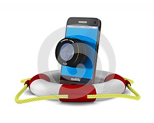 Phone with lens on white background. Isolated 3D