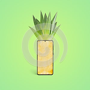Phone like a pineapple. The display shows the juicy inside of the pineapple, above are the leaves like hair
