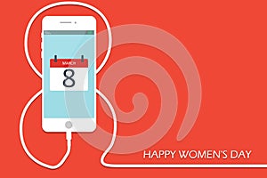 Phone with line eight wire. Outline 8 March smartphone charge, International Women`s Day card. Eps10