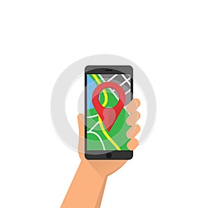 Phone location.vector illustration of a phone in a man`s hand