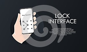 Phone lock screen. Hand holding Smartphone screen lock passcode interface. Illustration of phone ID recognition screen lock