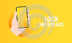 Phone lock screen. Vector illustration. Hand holding mobile phone screen lock passcode interface. Smartphone security