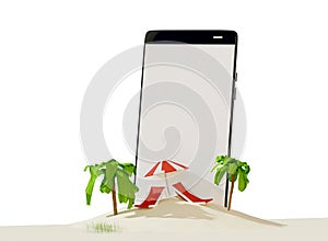 Phone lounge and umbrella on sand beach island 3d-illustration