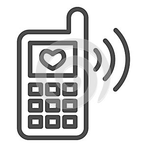 Phone and love message line icon. Classic phone ringing with heart symbol, outline style pictogram on white background