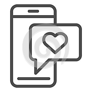 Phone with love message line icon. Romantic sms vector illustration isolated on white. Love chat outline style design