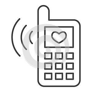 Phone and love message thin line icon. Classic phone ringing with heart symbol, outline style pictogram on white