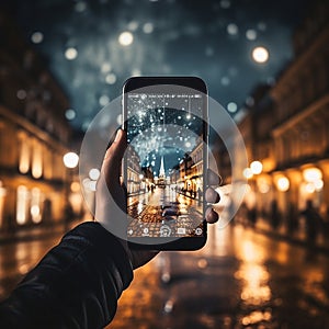 phone in man hand making photo of night festive city firework with phone camcity
