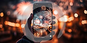 phone in man hand making photo of night festive city firework with phone camcity