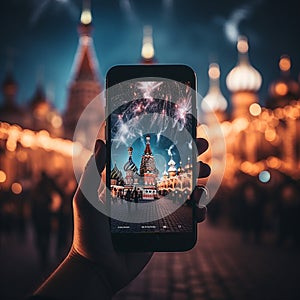 phone in man hand making photo of night moscow city with phone camcity