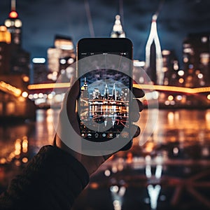 phone in man hand making photo of night new york city with phone camcity