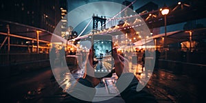 phone in man hand making photo of night new york city with phone camcity