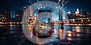 phone in man hand making photo of night new york city with phone camcity