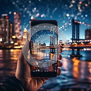 phone in man hand making photo of night new york city with phone camcity