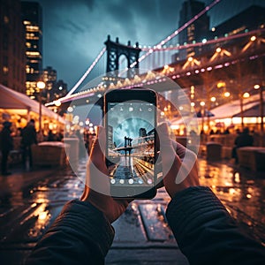 phone in man hand making photo of night new york city with phone camcity