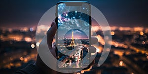 phone in man hand making photo of night Paris city with phone camcity photo