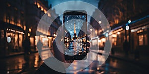 phone in man hand making photo of night paris city with phone camcity