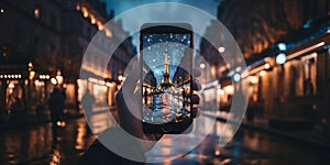 phone in man hand making photo of night Paris city with phone camcity