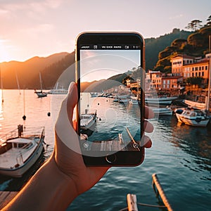 phone in man hand making photo of night Portofino in Italy with phone cam