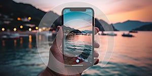 phone in man hand making photo of night Portofino in Italy with phone cam
