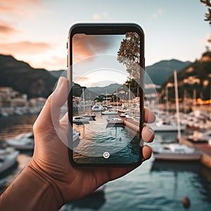 phone in man hand making photo of night Portofino in Italy with phone cam