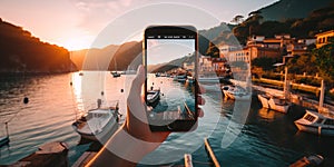 phone in man hand making photo of night Portofino in Italy with phone cam