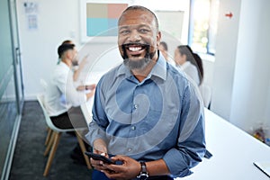 Phone, meeting and portrait of business black man for conversation, collaboration and discussion. Corporate office