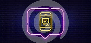 Phone Message line icon. Mobile chat sign. Neon light speech bubble. Vector