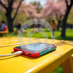 Phone mobile connect to battery power bank photo