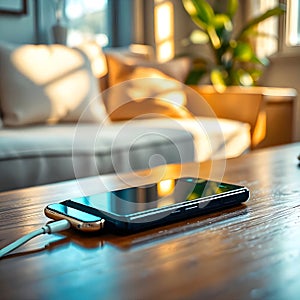 Phone mobile connect to battery power bank photo
