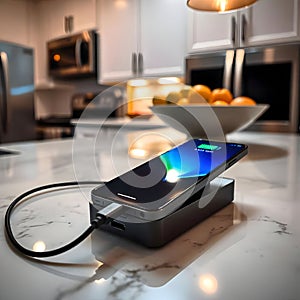 Phone mobile connect to battery power bank photo