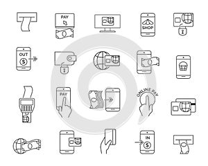 Phone or mobile payment, terminal and card shopping paying line icons. Pay online vector signs