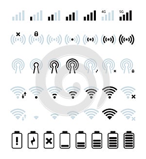 Phone mobile signal. Wifi and mobile status bar connection icon gsm batteries level vector pictures