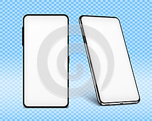 Phone mock up white. Two cellphone design 3d mockups. Vector illustration smartphone isolated on transparent background