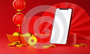 Phone Mockup Chinese New Year Promotion. Lantern and Chinese Gold Coin Ingot 3D Rendering